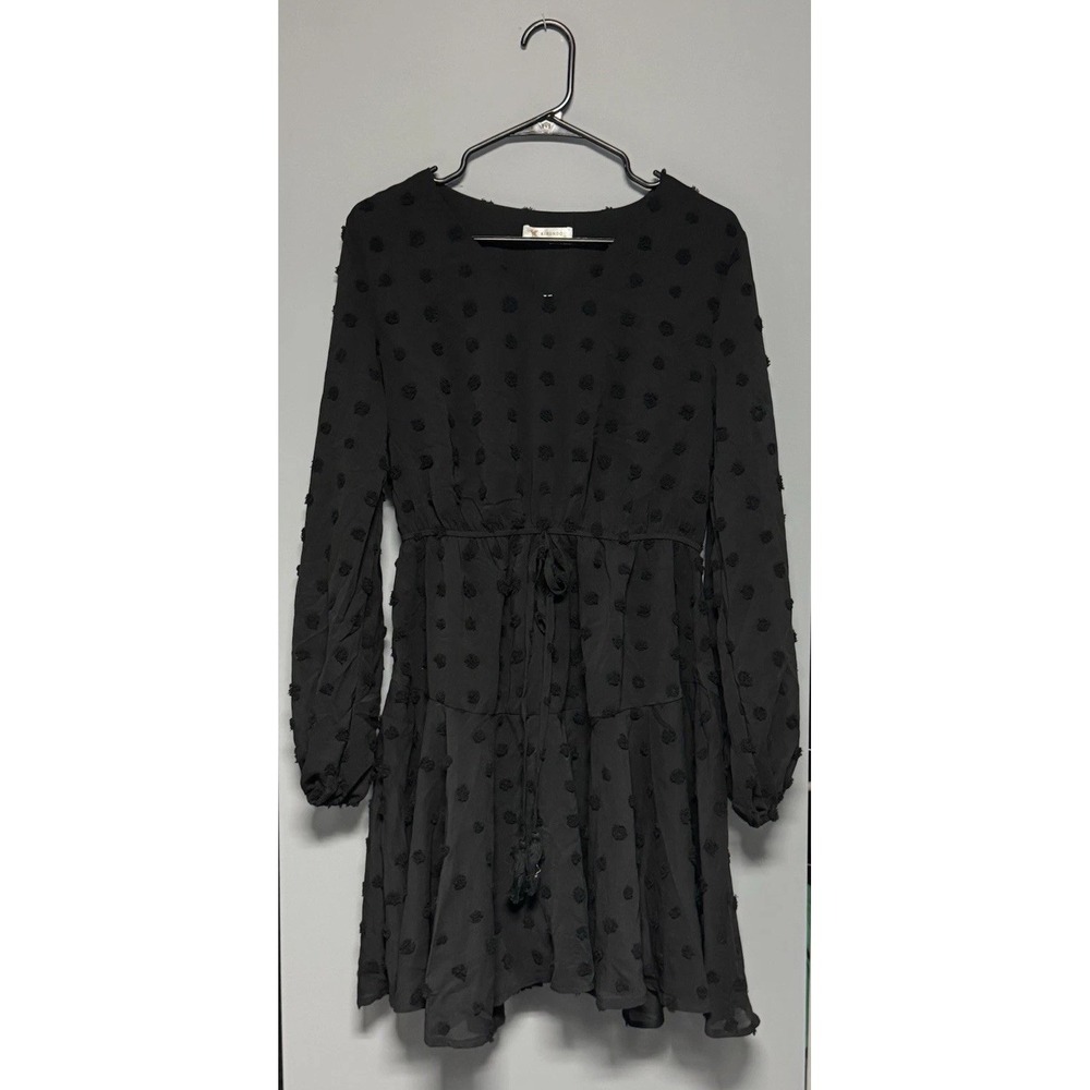 Kirundo Women's Medium Black‎ Dress Tiered Chiffon Polka Dot Tie Waist